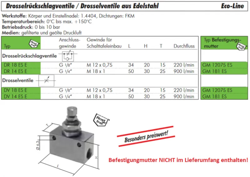 Drosselrückschlagventile aus Edelstahl, Eco-Line, alle Größen